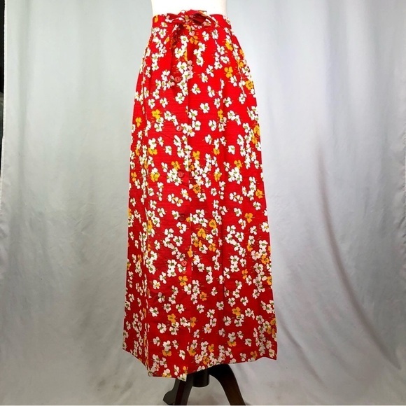 VINTAGE JCPenney barkcloth maxi skirt button front a-line bright red floral - Picture 1 of 5